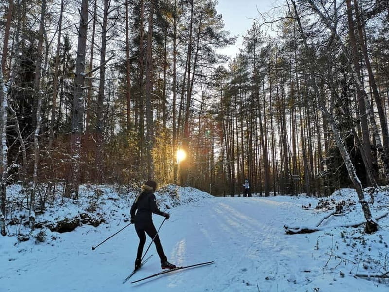 From Riga: Cross-country skiing and beating heart memorial - Skiing through the Blue Mountains Nature Park